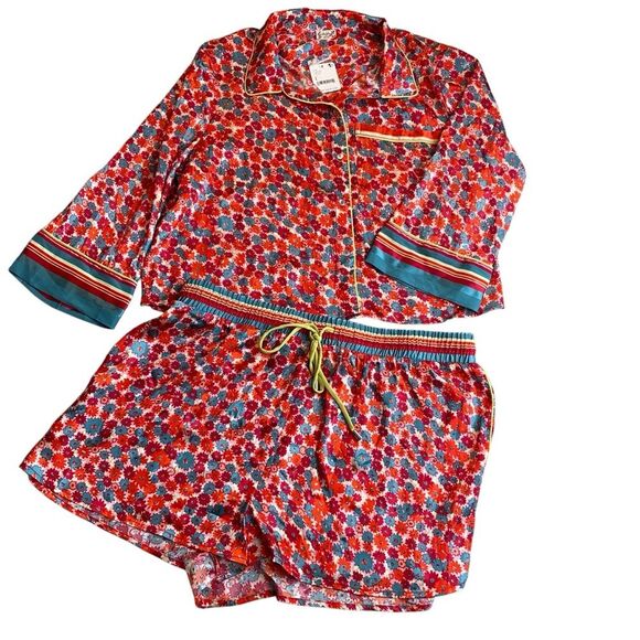 Free People Size L Pillow Talk Satin Pajama Set Red Poppy Floral Print Silky New - Picture 9 of 13